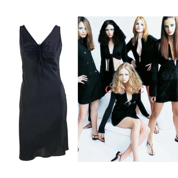 Gucci Dresses & Skirts - Gucci by Tom Ford Fall 2002 Front Tie Black Silk Slip Dress Mini Veck Vintage 42